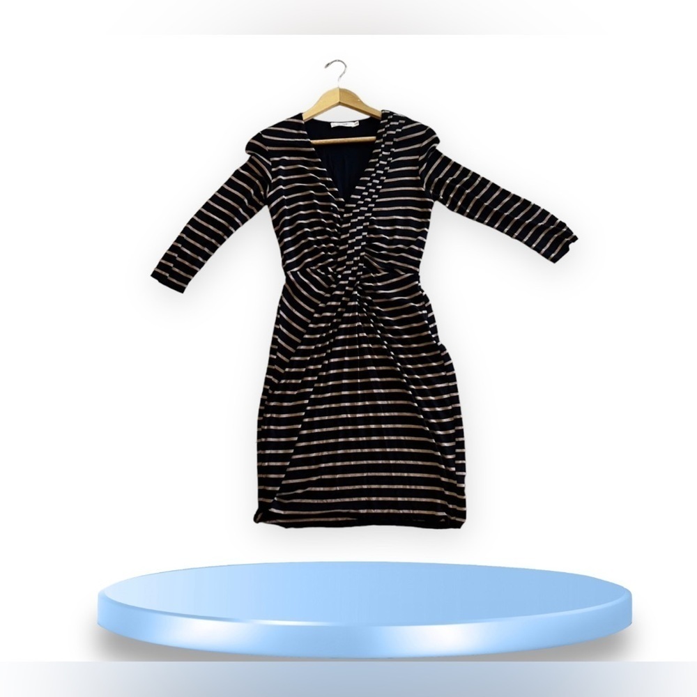 Bailey 44 Arcade Dress Stripe Midi Quarter Sleeves Grey Black Size Small
